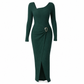 Damen Herbst Winter Einfarbiges Stricktextur Langes Kleid mit Unregelmäßigem Ausschnitt