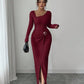 Damen Herbst Winter Einfarbiges Stricktextur Langes Kleid mit Unregelmäßigem Ausschnitt