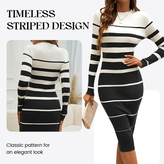 Langärmliges, gestreiftes, figurbetontes Strickkleid für Damen