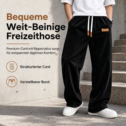 Herren Freizeit-Cordhose mit weitem Bein, elastischem Kordelbund, entspannter Passform