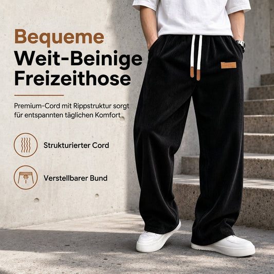 Herren Freizeit-Cordhose mit weitem Bein, elastischem Kordelbund, entspannter Passform