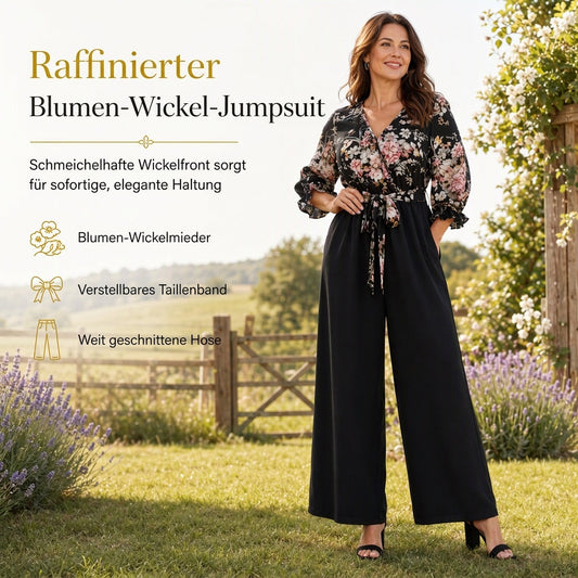 📢🎉50%Rabatt!!!🛍️✨Elegante Jumpsuit mit Blumenprint, Wickel-V-Ausschnitt, weitem Bein, Taillenschnürung und gekräuselten 3/4-Ärmeln