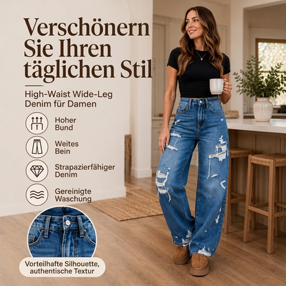 🎁Neu eingetroffen: 50% Rabatt + Gratis Versand!🎁 Damen Schicke Distressed Denim Weites Bein Hose