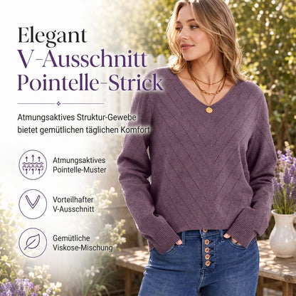 Damen V-Ausschnitt Langarm Pullover Bequemes Strickteil für Herbst und Winter