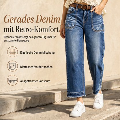 Damen Vintage dehnbare Straight-Leg Jeans mit distresseierten aufgesetzten Taschen und ausgefranstem Saum