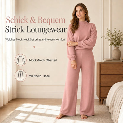 ⏰ Countdown läuft – 50% nur noch 3 Tage! Freizeit Zweiteiliges Strick-Lounge-Set für Damen mit Mock-Neck Langarm-Sweatshirt und hochtaillierten weit geschnittenen Hosen