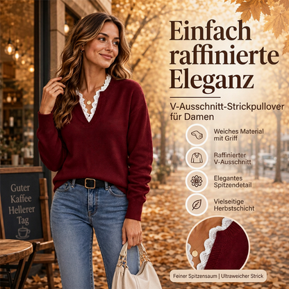 Damen Rollkragen-Strickpullover mit Spitzenbesatz