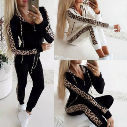 Damen Leopardenmuster Langarm Zipper Sweatshirt und Hosen Set
