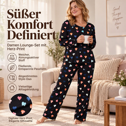 Damen Schlafanzug-Set mit Herzprint und Langarm