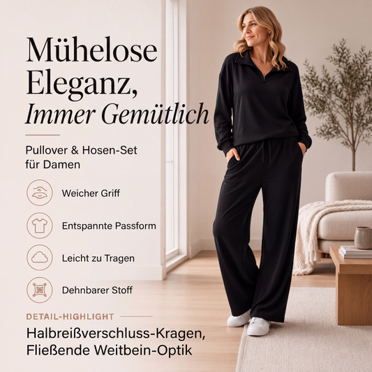 🛍️✨Damen-Set mit halbem Reißverschluss, Kragenoberteil und weiten Hosen