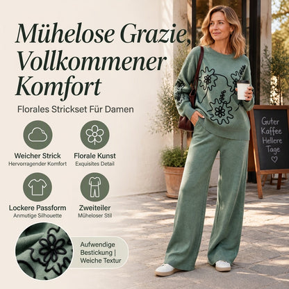 Damen-Strickpullover mit Rundhalsausschnitt und Hosen mit weitem Bein
