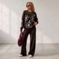 Damen-Strickpullover mit Rundhalsausschnitt und Hosen mit weitem Bein