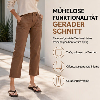 Damen lässige Utility-Cropped-Hose mit ausgefranstem Saum und tiefen aufgesetzten Taschen