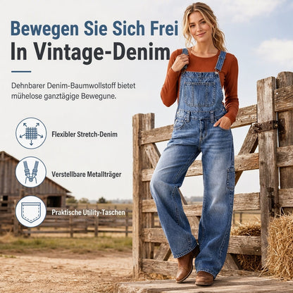 Damen dehnbare Jeans-Latzhose mit weitem Bein und verstellbaren Trägern