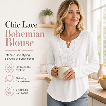 🔥Beliebtes Produkt ！✨Bohemische Damen-Bluse aus Spitze mit V-Ausschnitt, langen Ärmeln und lockerer Passform