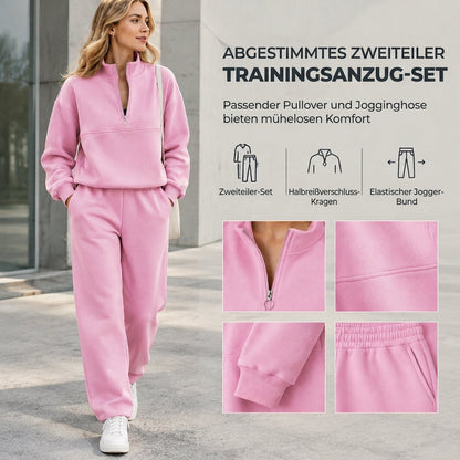 🚀Neu eingetroffen! 50% Rabatt!🚀 Lässiger zweiteiliger Hosenanzug, einfarbiges Oberteil mit Reißverschluss und Reverskragen sowie lange Hosen für Herbst und Winter