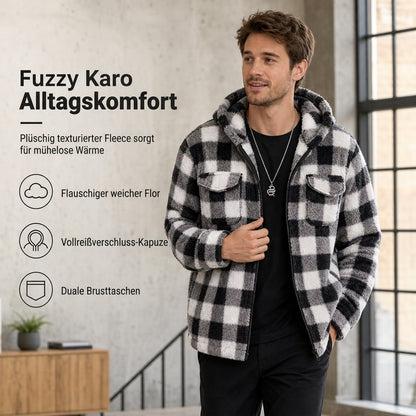 🔥 50% RABATT🔥 Flauschiger, karierter Herren-Kapuzenmantel mit Reißverschluss & zwei Brusttaschen mit Klappe