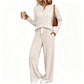 Damen Geripptes Henley-Oberteil und Hosen Set mit weiter Beinform
