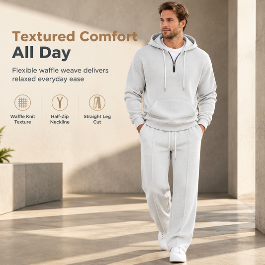 📢🎉50%Rabatt!!!🛍️✨Lässiger 2-teiliger Trainingsanzug für Herren aus Waffelstrick – Kapuzenpullover mit halbem Reißverschluss und Hose mit geradem Bein