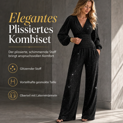 Zweiteiliges Damen-Outfit Für Herbst und Winter Tiefer V-Ausschnitt, Ballonärmel, Plissiertes Oberteil und weithosen mit Taschen