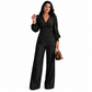 Zweiteiliges Damen-Outfit Für Herbst und Winter Tiefer V-Ausschnitt, Ballonärmel, Plissiertes Oberteil und weithosen mit Taschen