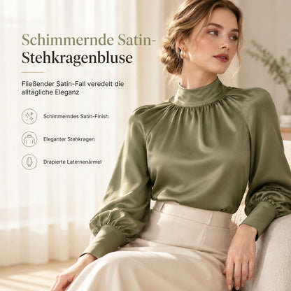 Elegante satinierte Bluse im französischen Stil mit Stehkragen und langen Ballonärmeln für Herbst- und Winterlayer-Looks