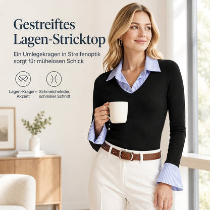 📢50% Rabatt!📢 Damen Streifenimitat Zweiteiler Langarm Strickpullover Preppy-Stil Schmaler Passform Pullover-Oberteil