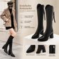 Damen Reitstiefel mit spitzer Zehenpartie, kniehoch, klobigen High Heels und Reißverschluss hinten