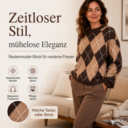 ❄️🧶 Damen Retro-Strickpullover mit Argyle-Muster | Kein langweiliger Basic-Look, kein kratziges Material – Gemütlich, stilvoll & vielseitig kombinierbar ✨