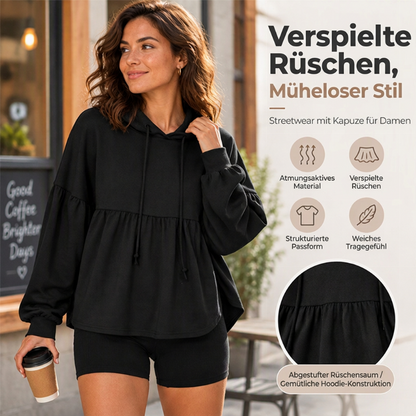 Damen locker geschnittenes Sweatshirt mit Rüschensaum und Kapuze