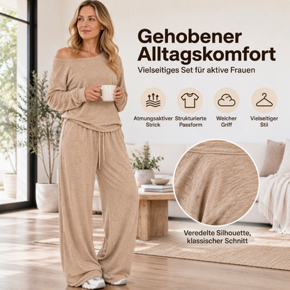 🌟Bestseller reduziert! Nur diese Woche!🌟 Damen-Off-Shoulder-Langarm-Oberteil und Weites-Hose-Set