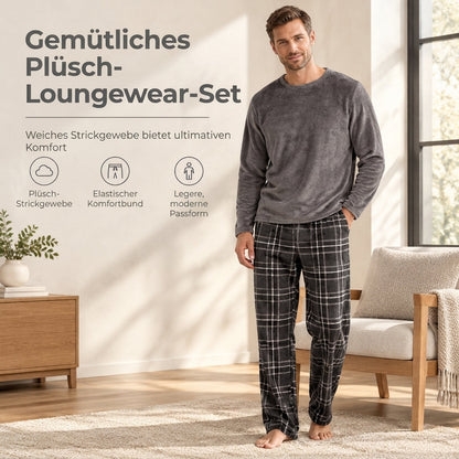 📢🎉50%Rabatt!!!🛍️✨Weiches, plüschiges Strick-Loungewear-Pyjama-Set für Herren mit einfarbigem Rundhalsoberteil und Karottenhose