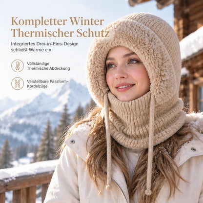 Winterliches, verdicktes Strickset für Damen mit integriertem Halswärmer und Gesichtsmaske, Outdoor warme Ohrenschutzmütze