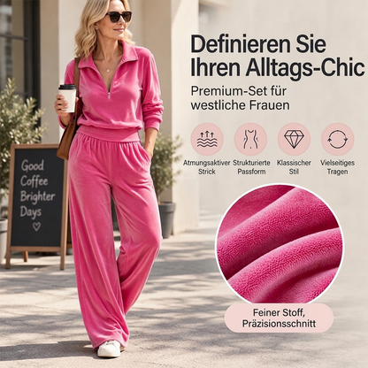 🎁Von Kunden empfohlen + Gratis Versand!🎁  Damen Retro-Halbzip-Pullover mit weitem Bein Hose Set