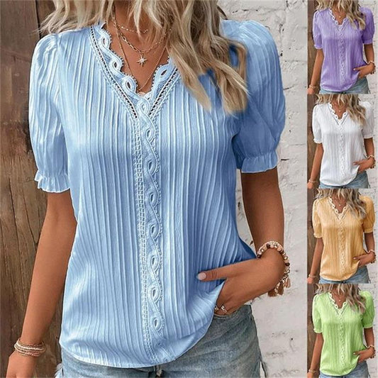 🔥Summer Caliente Venta🔥Cuello en V Encaje Liso Camisa Elegante - Compre 3 envío gratis