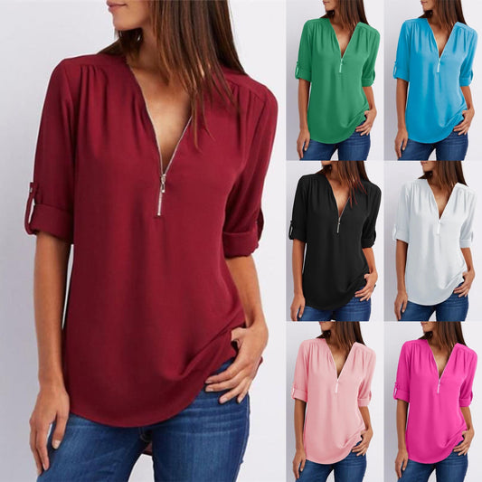 🔥Camisa casual de mujer con cremallera y cuello en V- Compre 3 envío gratis🔥