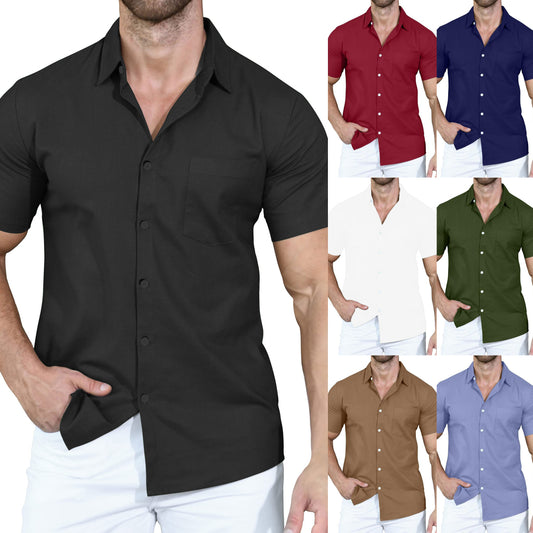 Camisa de manga corta con solapa de color liso para hombre - Compre 3 envío gratis