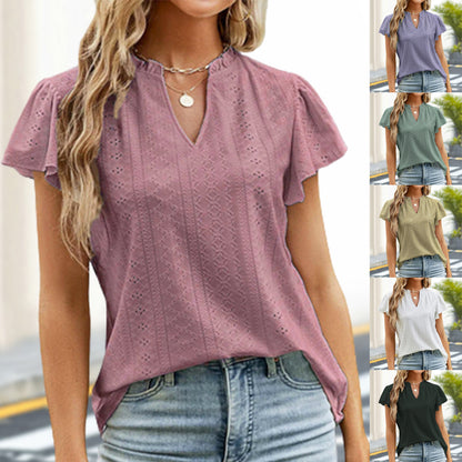 Mujeres Ruffle Tops de manga corta Cuello en V Camisetas - Compre 3 envío gratis